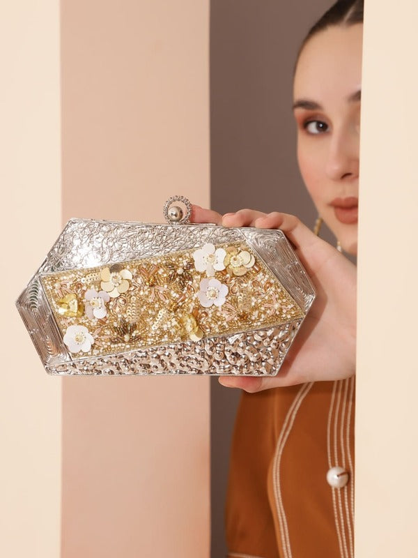 Fatima Silver Embellished Brass Clutch