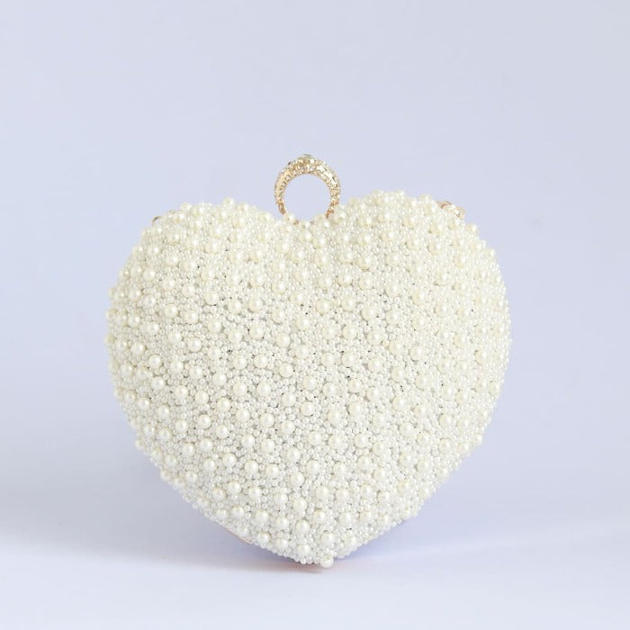 Ulfat All White Pearl Hand Embroidered Heart Clutch