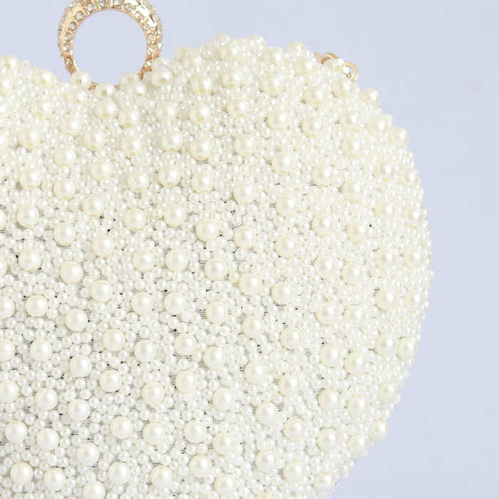 Ulfat All White Pearl Hand Embroidered Heart Clutch