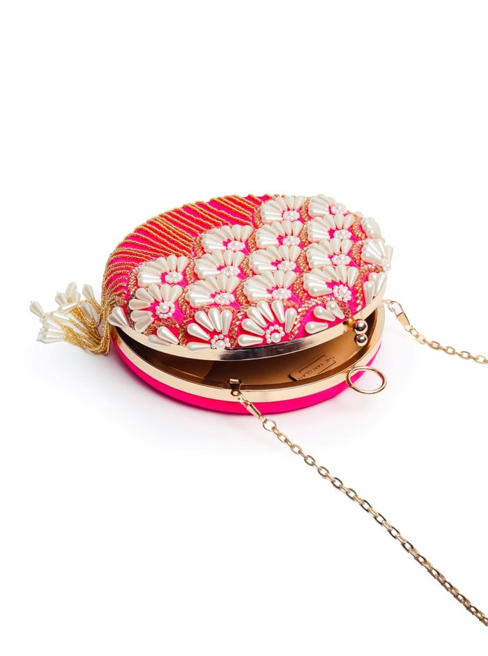 Irsa Round Hand Embroidered Clutch with Tassles