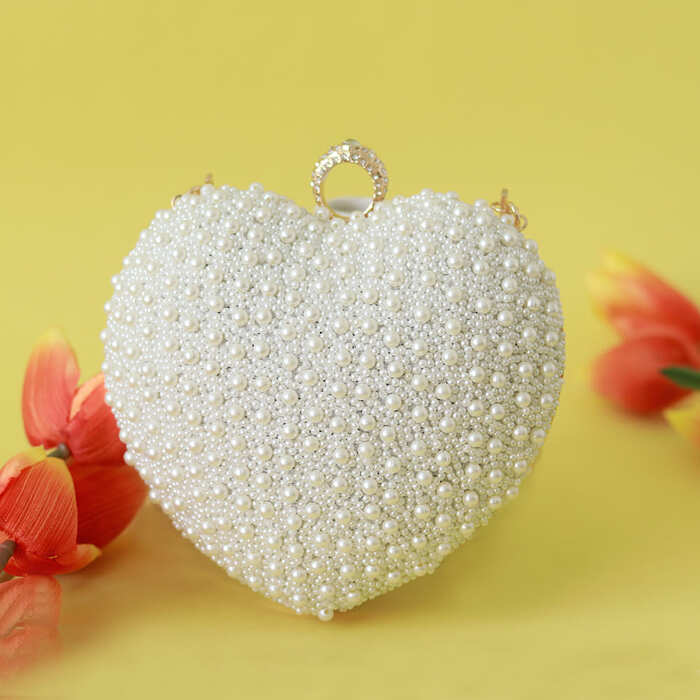 Ulfat All White Pearl Hand Embroidered Heart Clutch