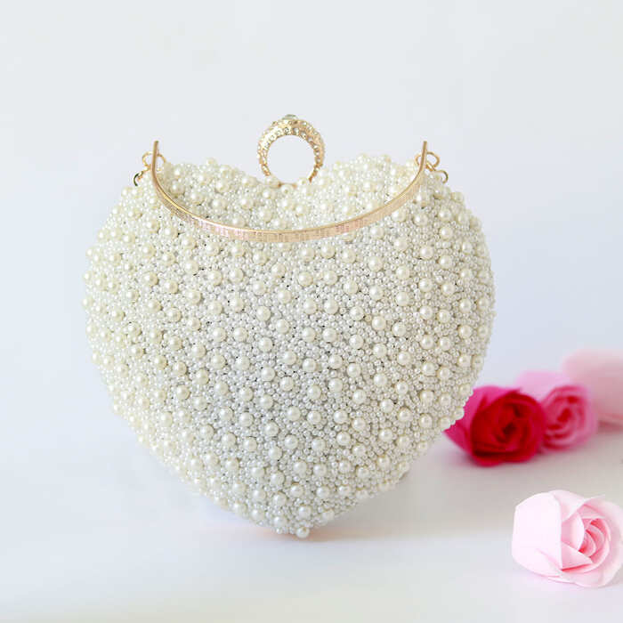 Ulfat All White Pearl Hand Embroidered Heart Clutch