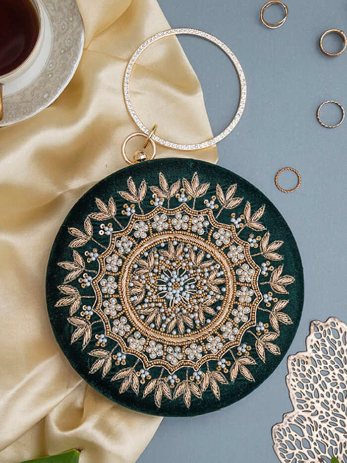 Ifrah Yellow Round Hand Embroidered Clutch