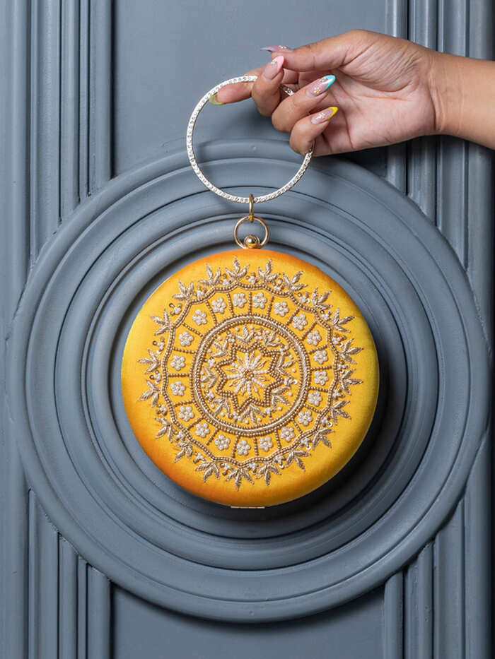 Ifrah Yellow Round Hand Embroidered Clutch