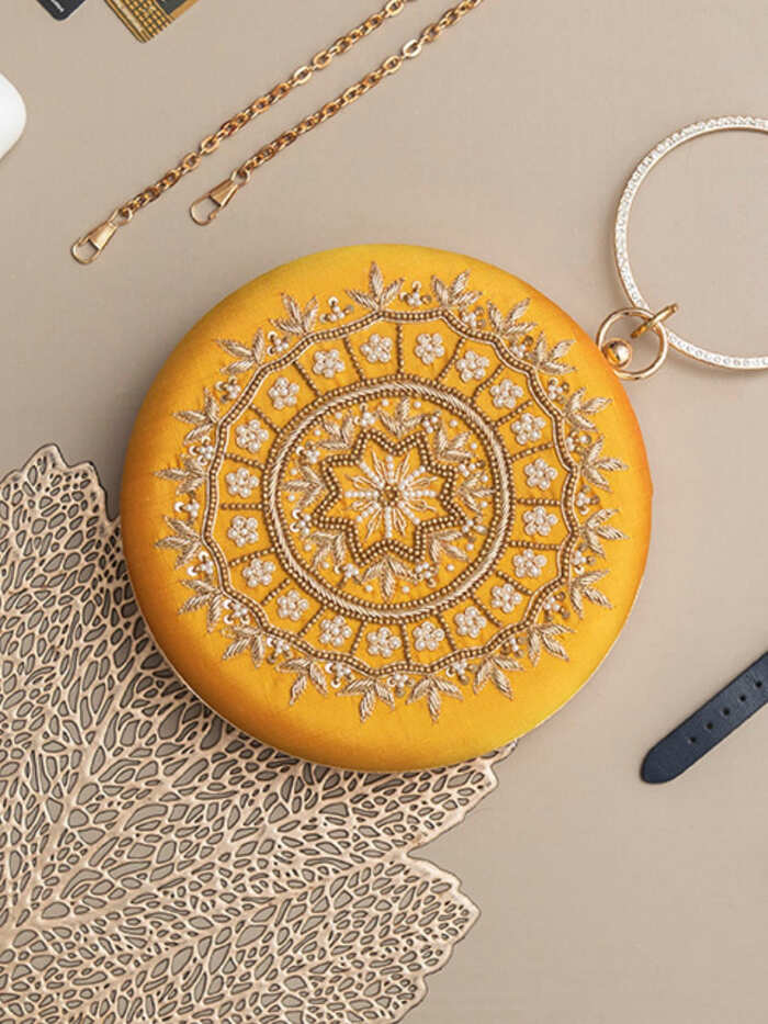 Ifrah Yellow Round Hand Embroidered Clutch