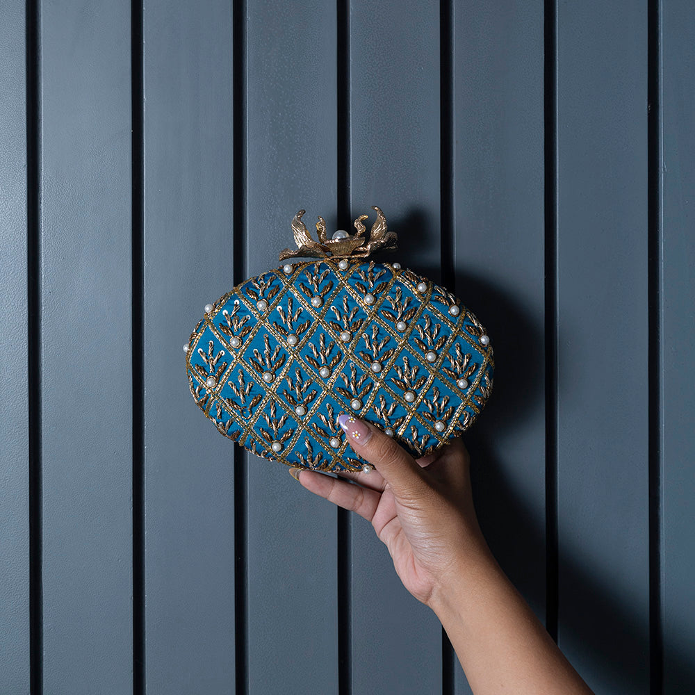 Zafraan Blue Hand Embroidered Clutch