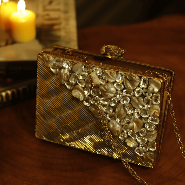 Eira Golden Embellished Brass Clutch