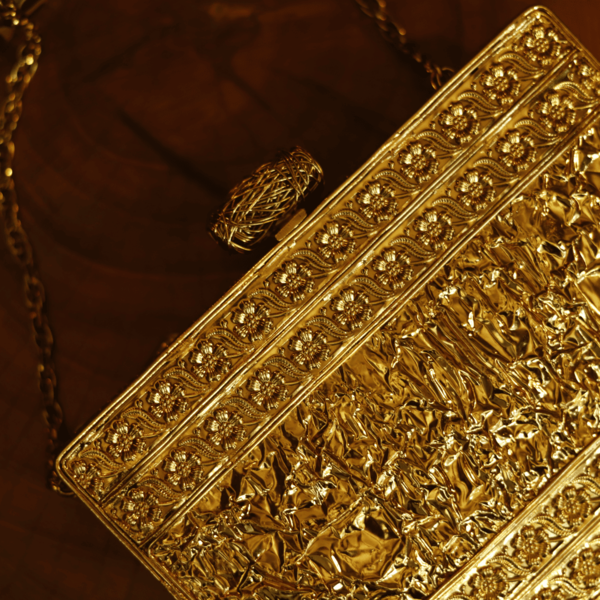 Eira Golden Embellished Brass Clutch