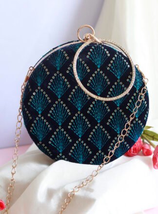Hand Painted Silk Bag; Oval Evening Purse - Blue Lotus Design