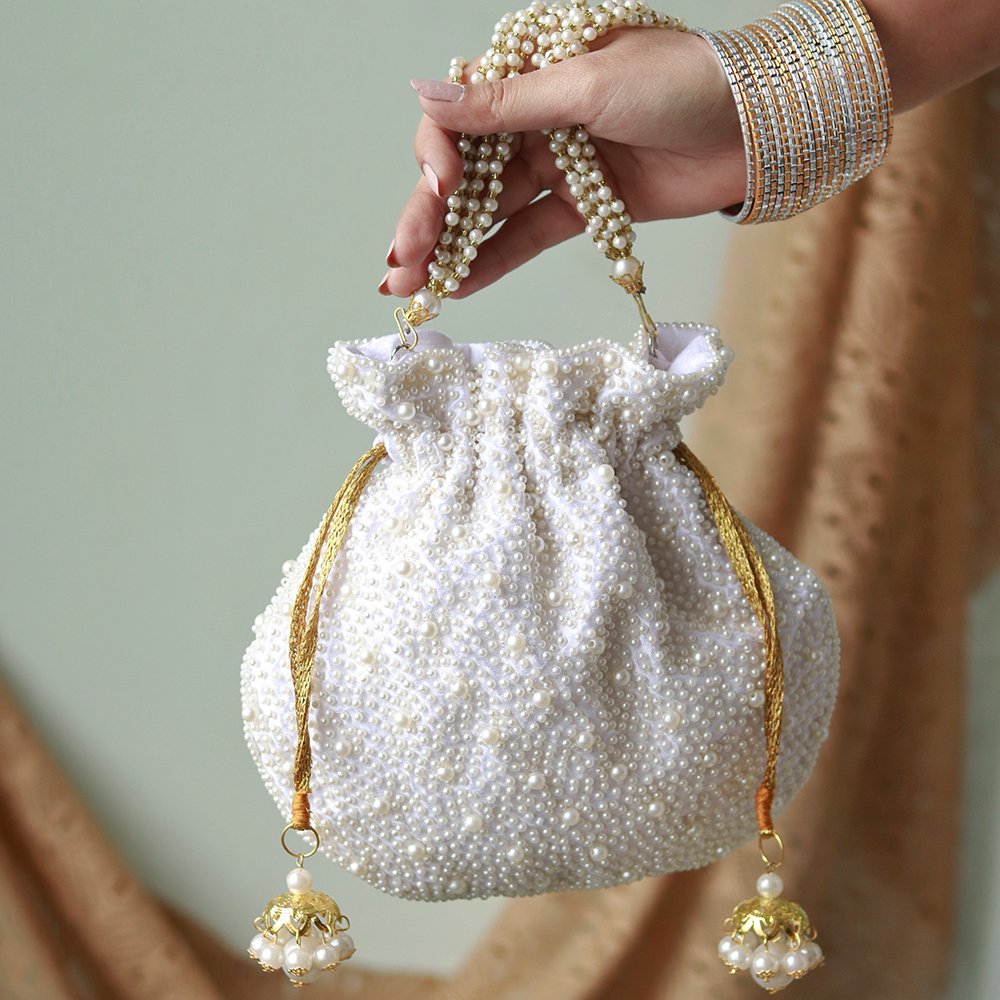 white bridal lotus potli bag wedding gift handmade unique indian purse |  eBay
