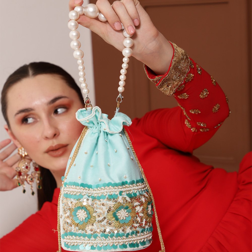 RED moti thread jaal artisanal embroidered luxury drawstring bridesmaid potli  designer inspired handbag fashionable gifting purse